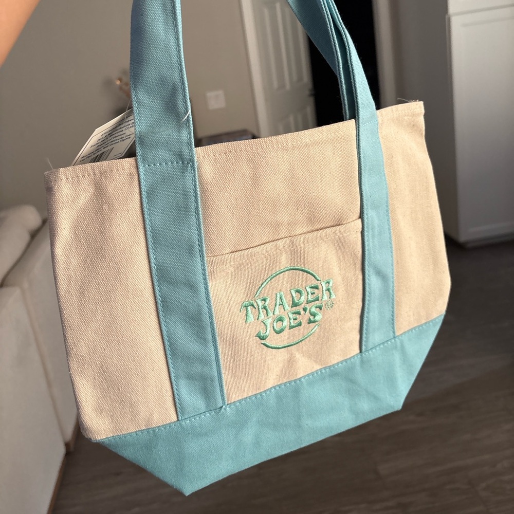 Trader Joe’s Spring Collection: Blue and Beige Tote with Teal Embroidered Logo